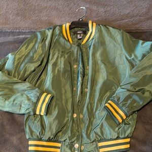 Forever 21 satin green and yellow varsity bomber jacket